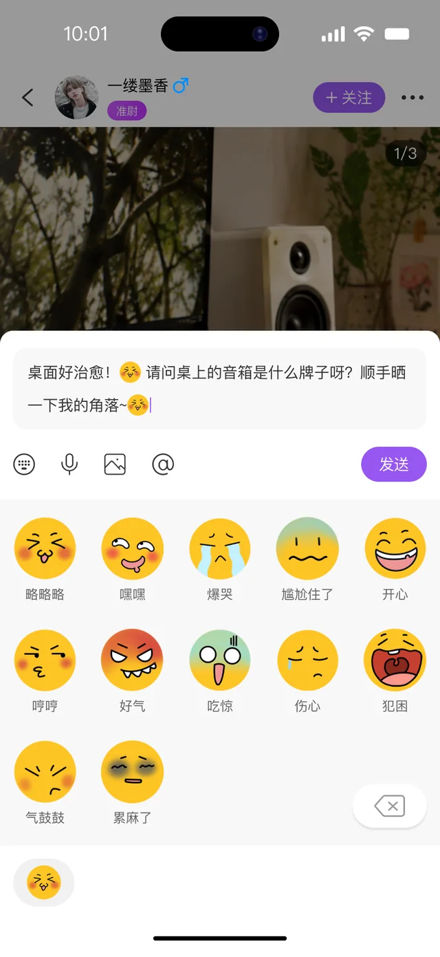 悬溺 APP 评论输入弹窗：表情面板、图片、语音与 @ 提及